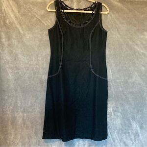 Vintage 90s Black Sleeveless Side Zip Linen Blend Shift Dress White Stitch 12